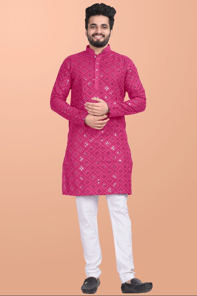 Neera Trendz Pink Cotton Blend Mirror Work Men's Kurta With Pyjama | Grocsy