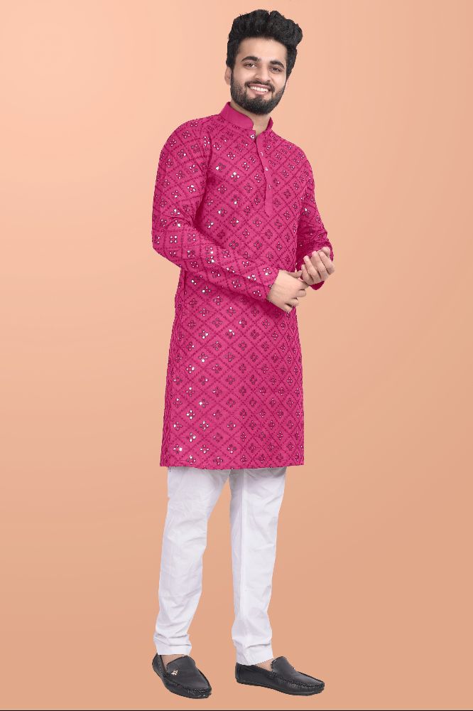Neera Trendz Pink Cotton Blend Mirror Work Men's Kurta With Pyjama | Grocsy