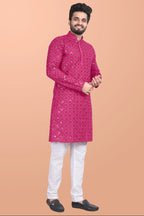 Neera Trendz Pink Cotton Blend Mirror Work Men's Kurta With Pyjama | Grocsy