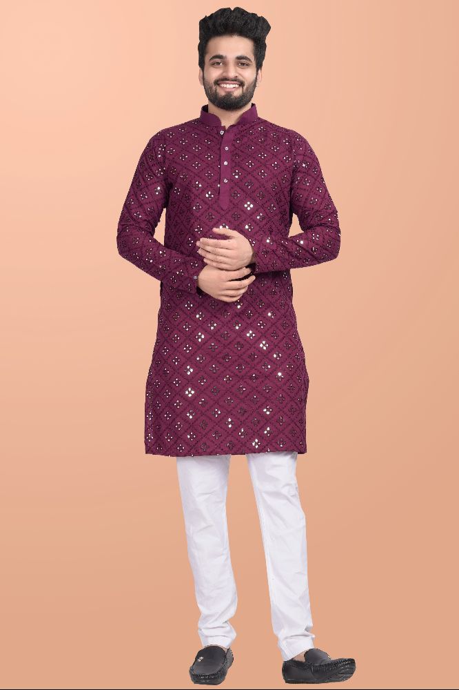 Neera Trendz Wine Cotton Blend Mirror Work Men's Kurta With Pyjama | Grocsy