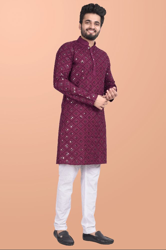 Neera Trendz Wine Cotton Blend Mirror Work Men's Kurta With Pyjama | Grocsy