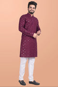 Neera Trendz Wine Cotton Blend Mirror Work Men's Kurta With Pyjama | Grocsy