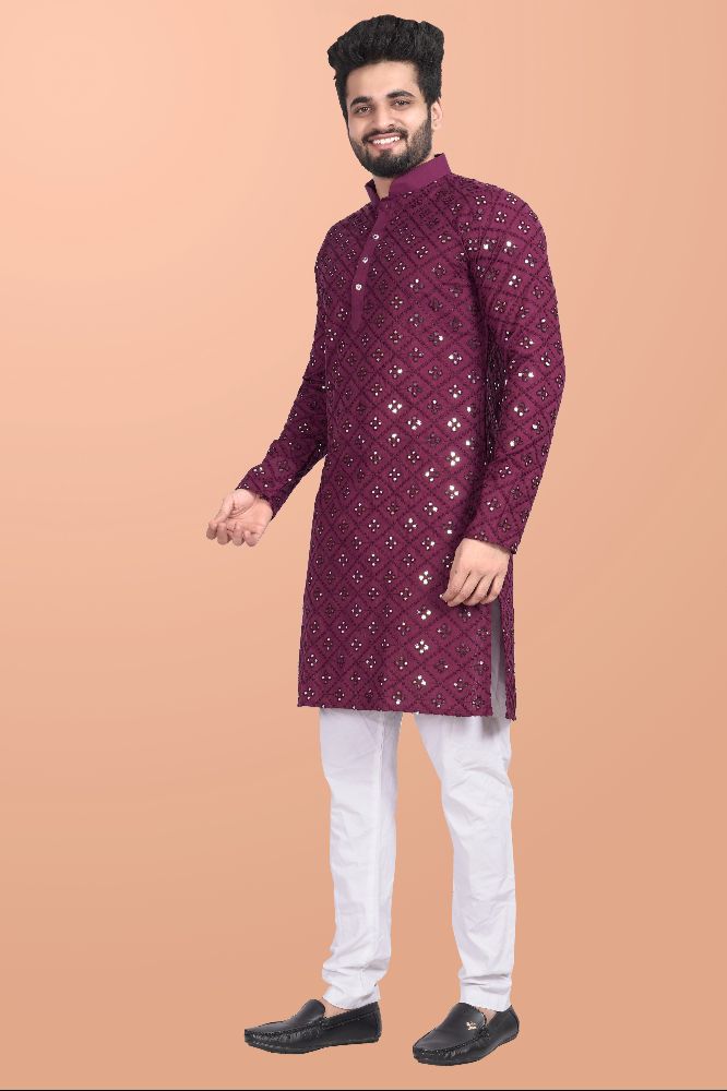 Neera Trendz Wine Cotton Blend Mirror Work Men's Kurta With Pyjama | Grocsy