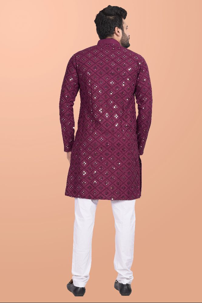 Neera Trendz Wine Cotton Blend Mirror Work Men's Kurta With Pyjama | Grocsy