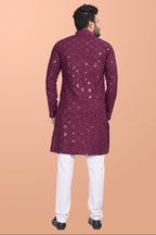 Neera Trendz Wine Cotton Blend Mirror Work Men's Kurta With Pyjama | Grocsy