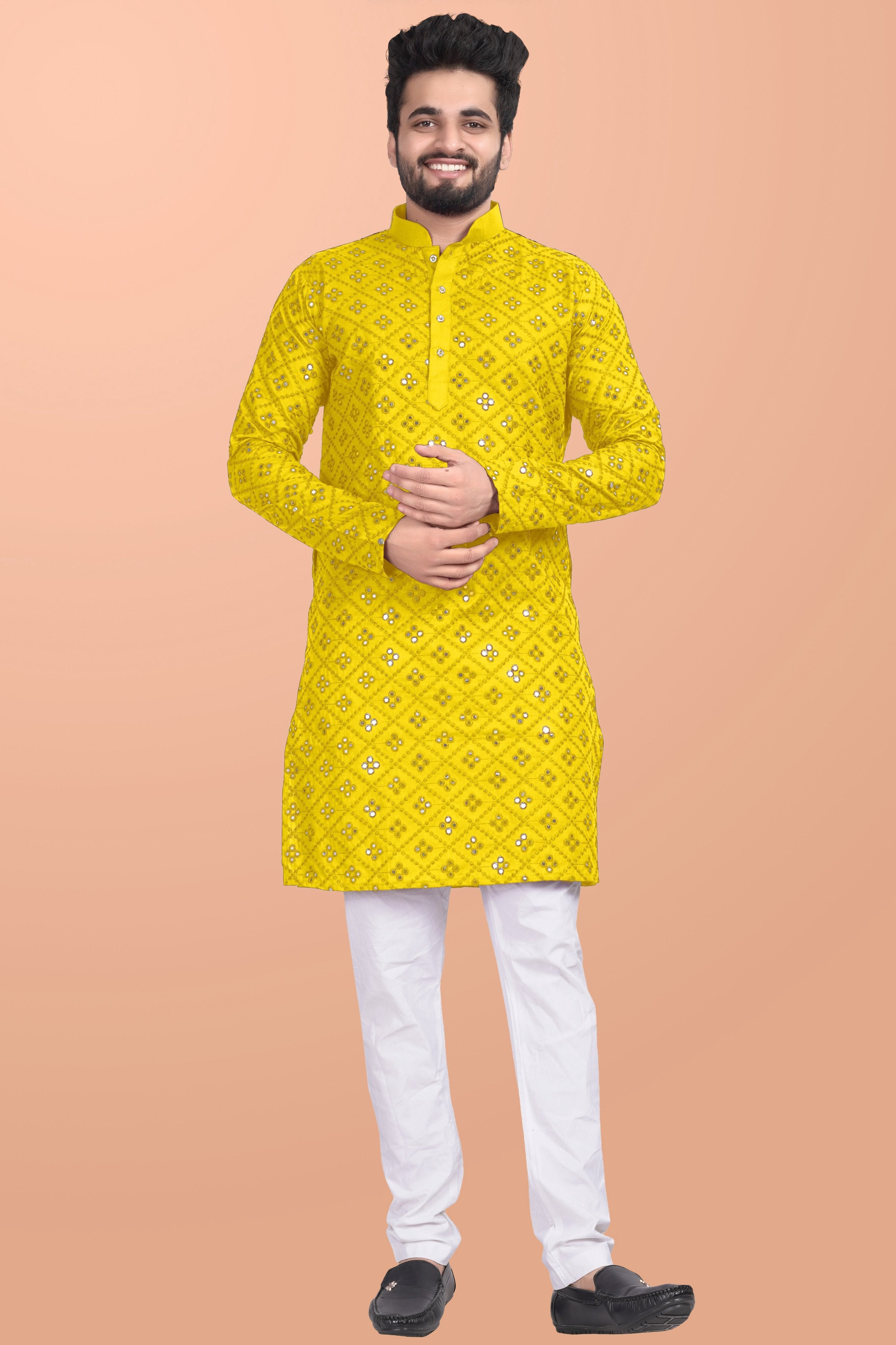 Neera Trendz Yellow Cotton Blend Mirror Work Men's Kurta With Pyjama | Grocsy