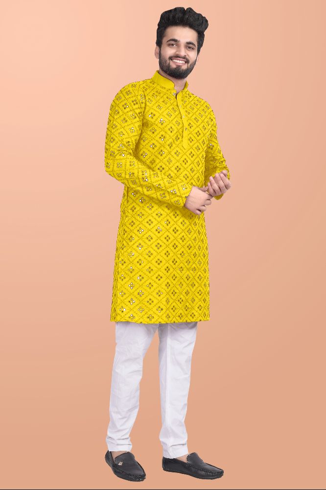 Neera Trendz Yellow Cotton Blend Mirror Work Men's Kurta With Pyjama | Grocsy