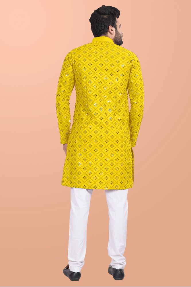 Neera Trendz Yellow Cotton Blend Mirror Work Men's Kurta With Pyjama | Grocsy