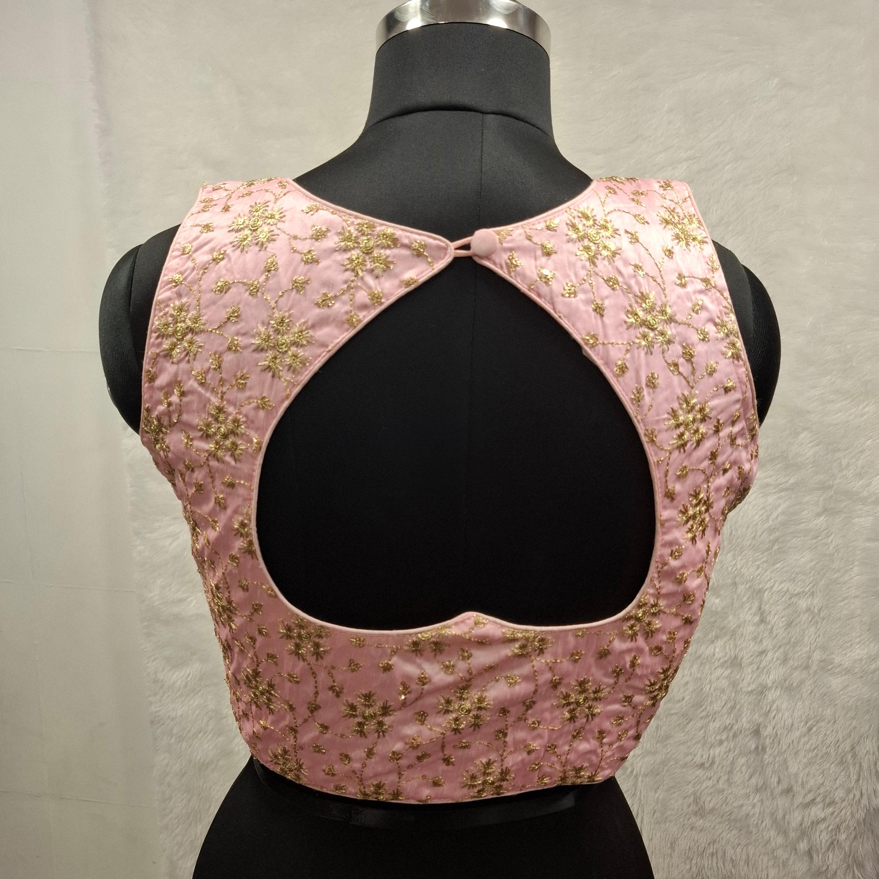 Kia Fashions Baby Pink Golden All Over Embroidered Readymade Blouse | Grocsy