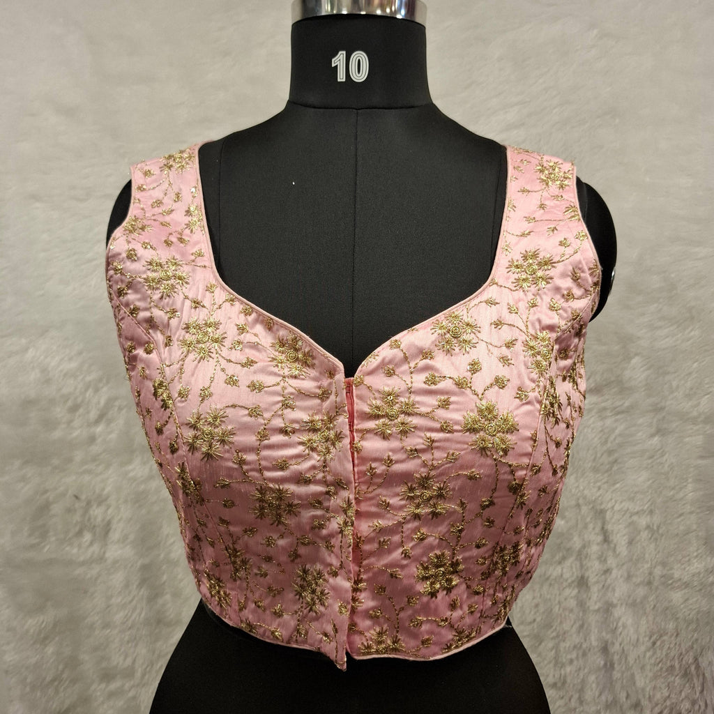 Kia Fashions Baby Pink Golden All Over Embroidered Readymade Blouse | Grocsy