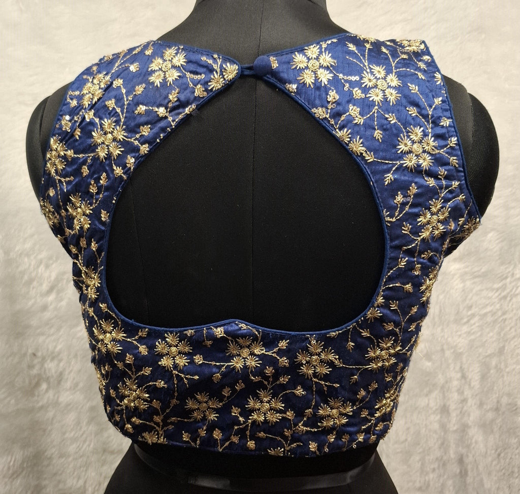 Kia Fashions Cobalt Blue Golden All Over Embroidered Readymade Blouse | Grocsy
