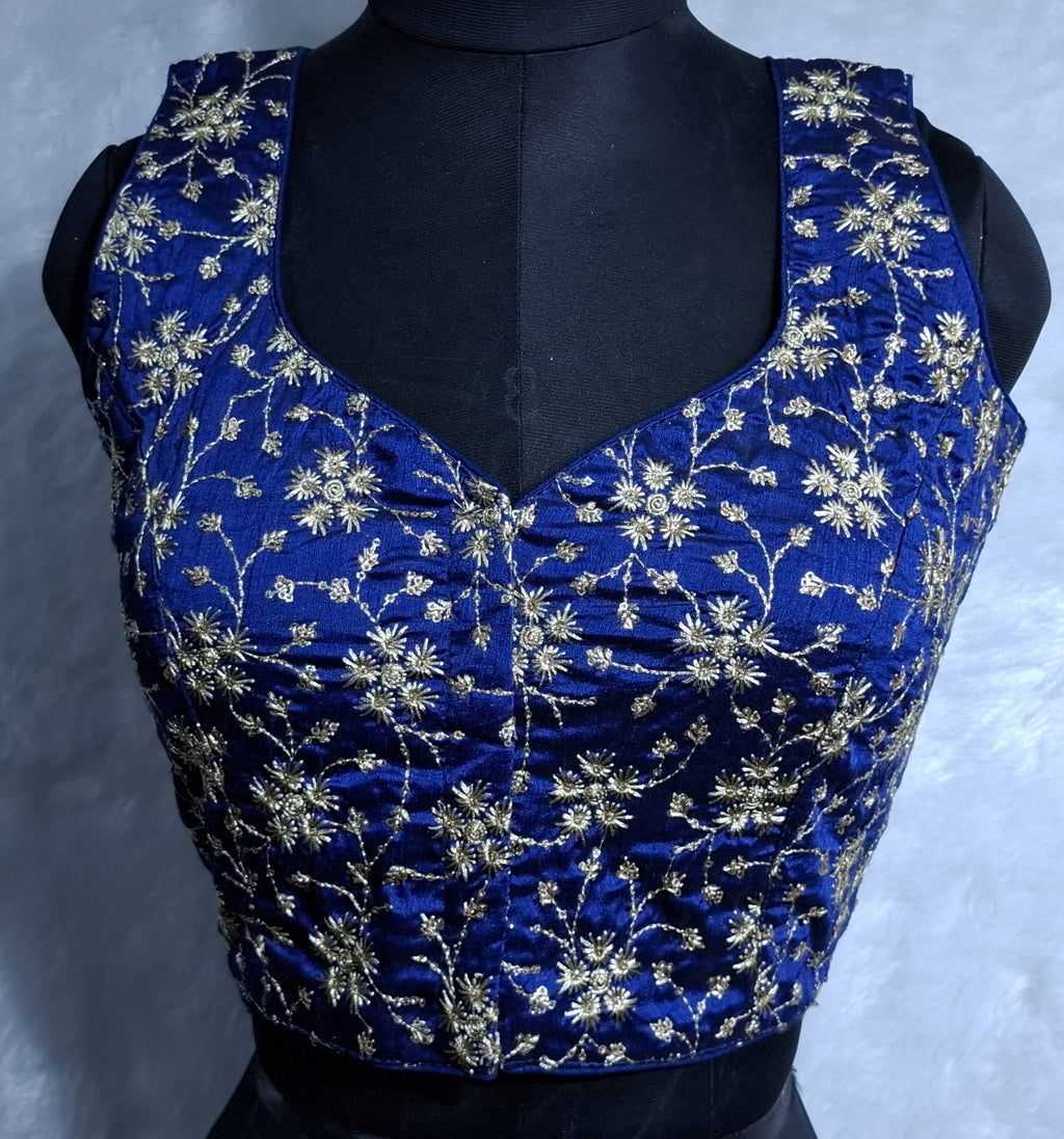 Kia Fashions Cobalt Blue Golden All Over Embroidered Readymade Blouse | Grocsy