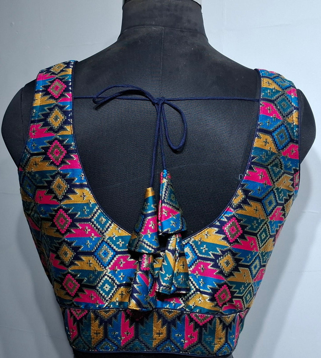 Kia Fashions Navy Blue Multi Color Weave Readymade Blouse | Grocsy