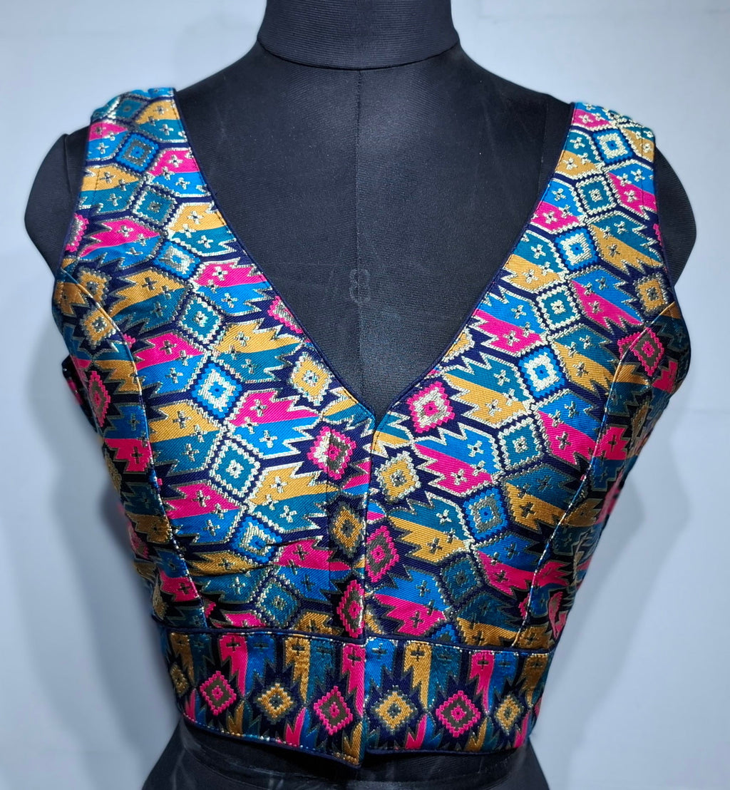 Kia Fashions Navy Blue Multi Color Weave Readymade Blouse | Grocsy