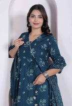 Miravan Womens Blue Floral Printed Angrakha Kurta With Dupatta | Grocsy