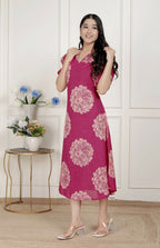 Miravan Womens Pink Printed Collar Neck Short Puff Sleeves Cotton A-Line Maxi Dress | Grocsy
