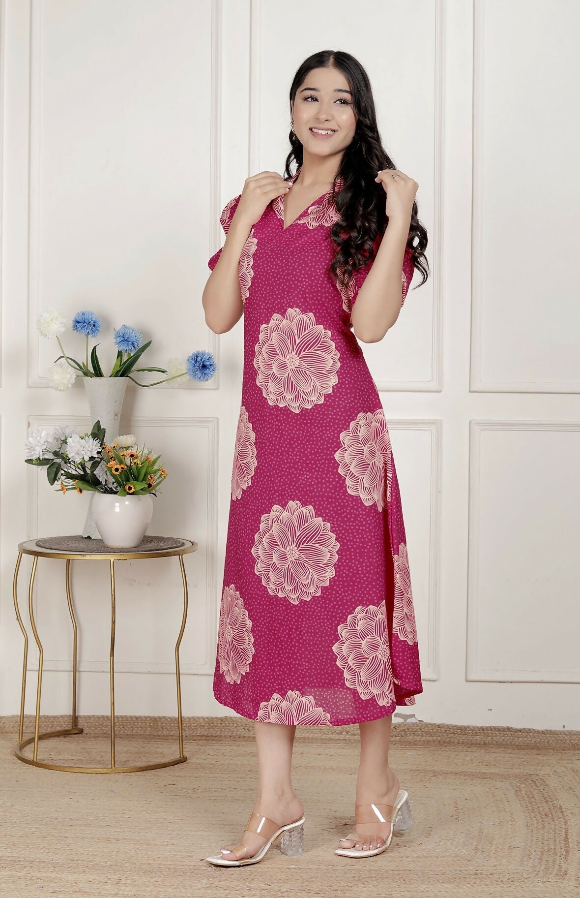 Miravan Womens Pink Printed Collar Neck Short Puff Sleeves Cotton A-Line Maxi Dress | Grocsy