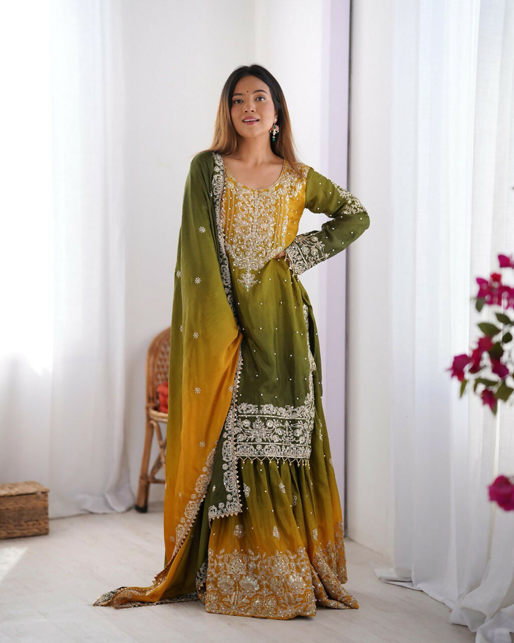 The52 Women's Beautiful Chinon silk Fabric Embroidery Work Straight Kurta Palazzo and Dupatta Set | Grocsy