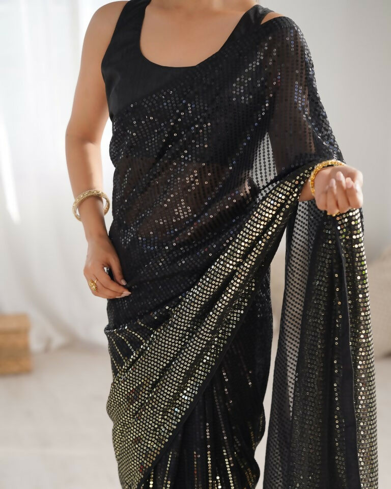 Black Georgette Designer Sequence Embroidery Work Saree - Sitare | Grocsy