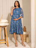 Janasya Blue Poly Georgette Floral Printed Casual Maternity Dress | Grocsy
