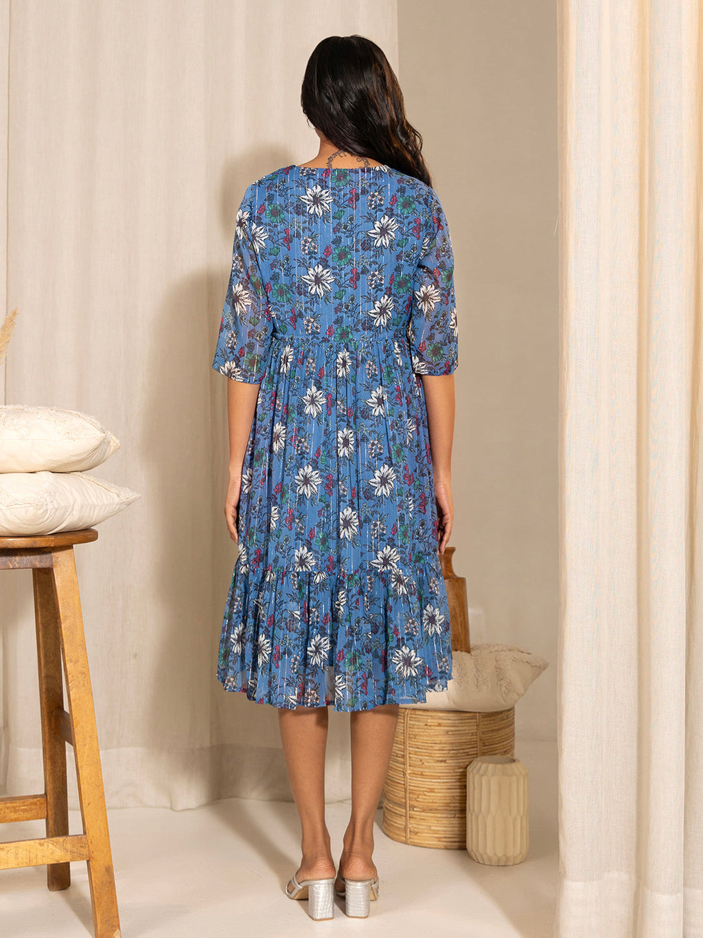 Janasya Blue Poly Georgette Floral Printed Casual Maternity Dress | Grocsy