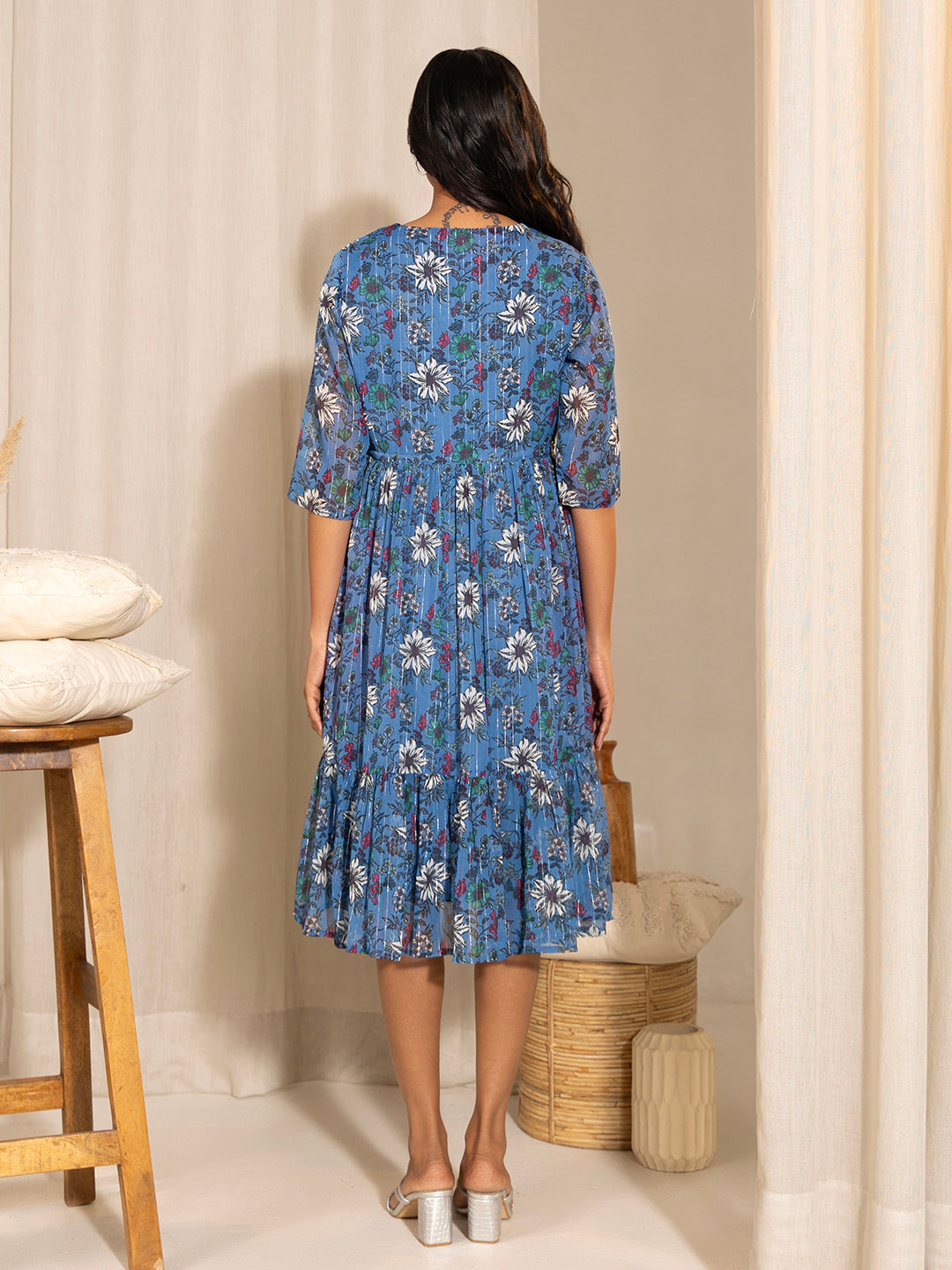Janasya Blue Poly Georgette Floral Printed Casual Maternity Dress | Grocsy