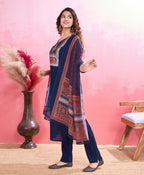 Prazu Fashion Blue Viscose Silk Printed Kurta Set | Grocsy
