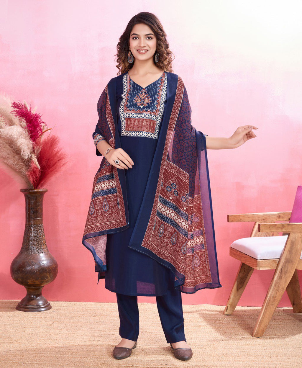 Prazu Fashion Blue Viscose Silk Printed Kurta Set | Grocsy
