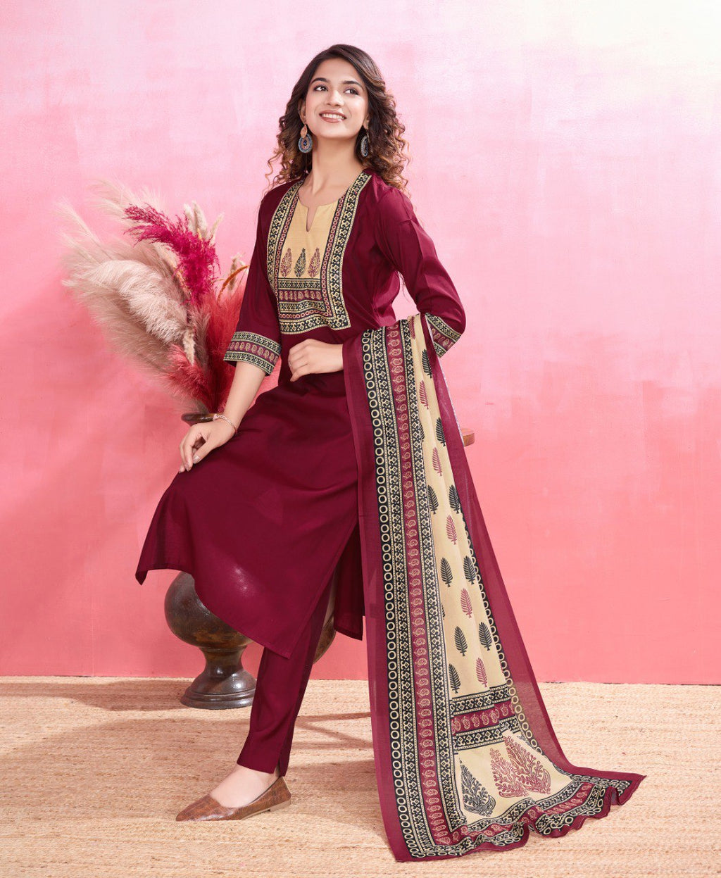 Prazu Fashion Maroon Viscose Silk Printed Kurta Set | Grocsy