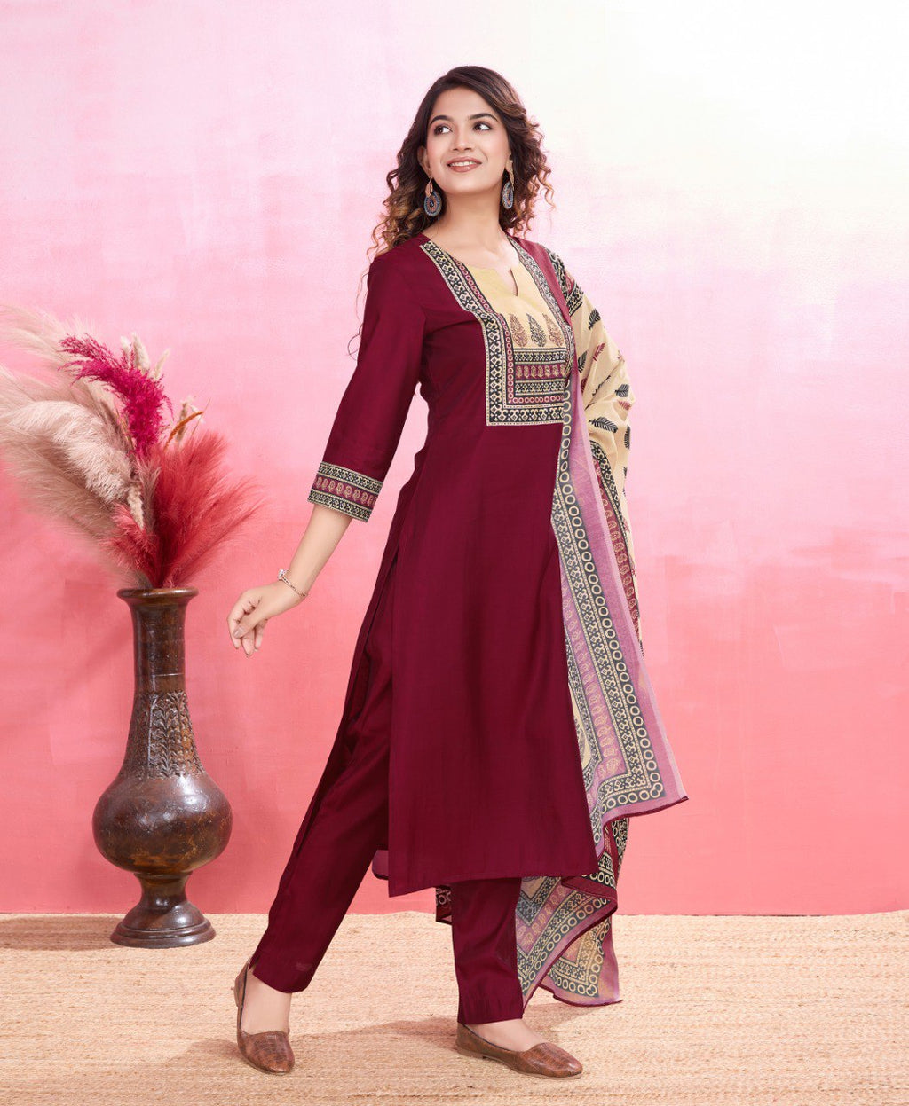 Prazu Fashion Maroon Viscose Silk Printed Kurta Set | Grocsy