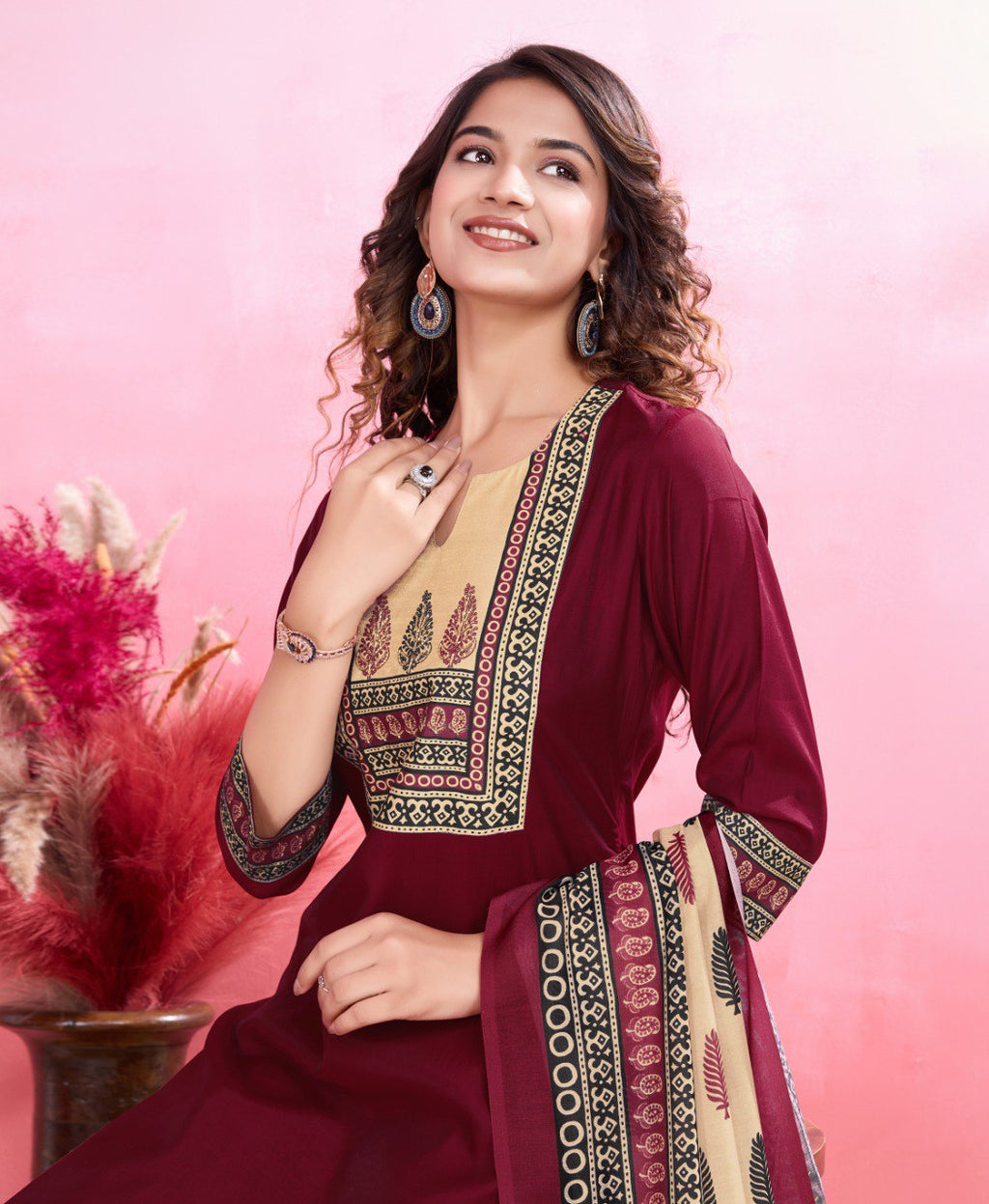 Prazu Fashion Maroon Viscose Silk Printed Kurta Set | Grocsy