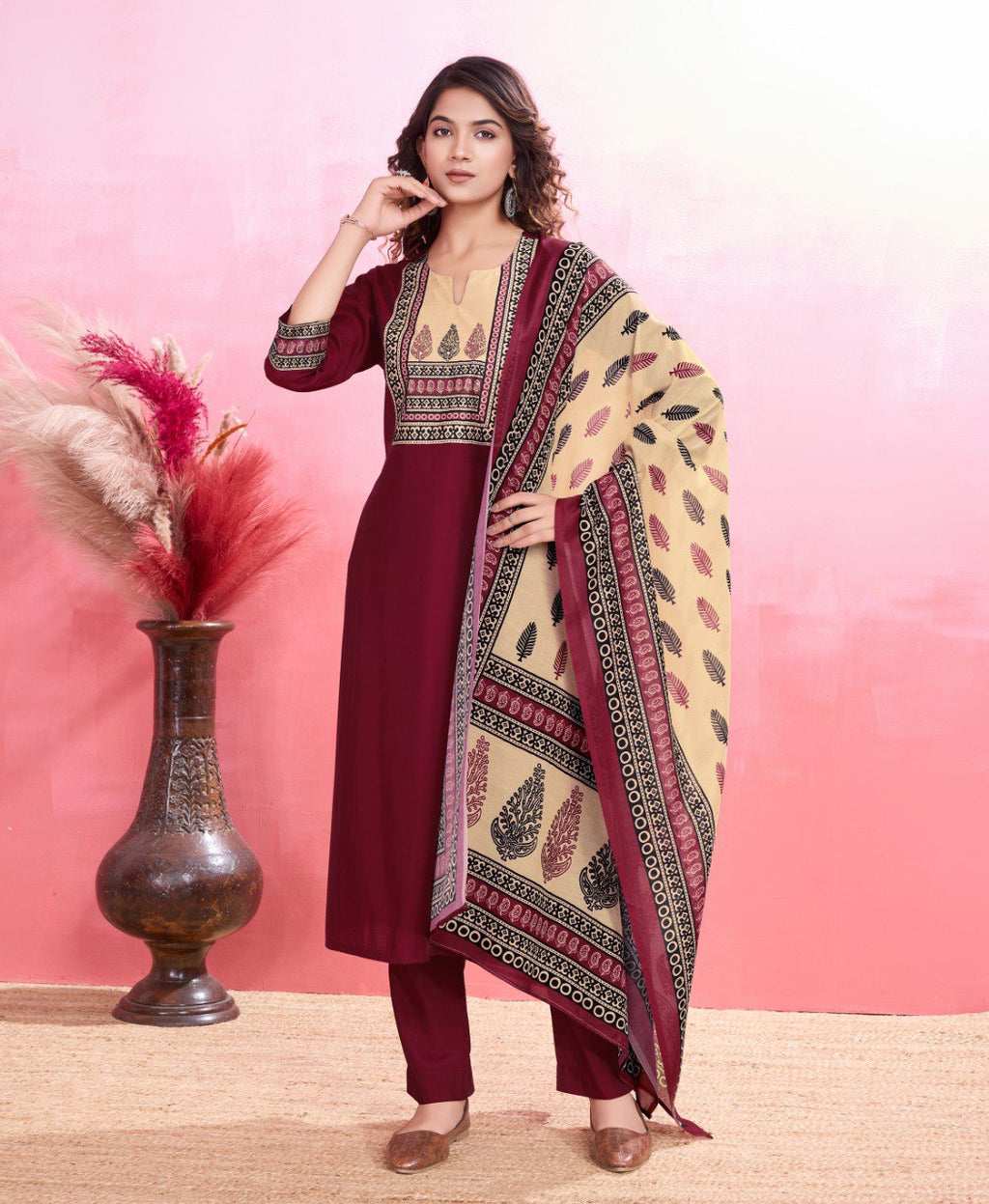 Prazu Fashion Maroon Viscose Silk Printed Kurta Set | Grocsy