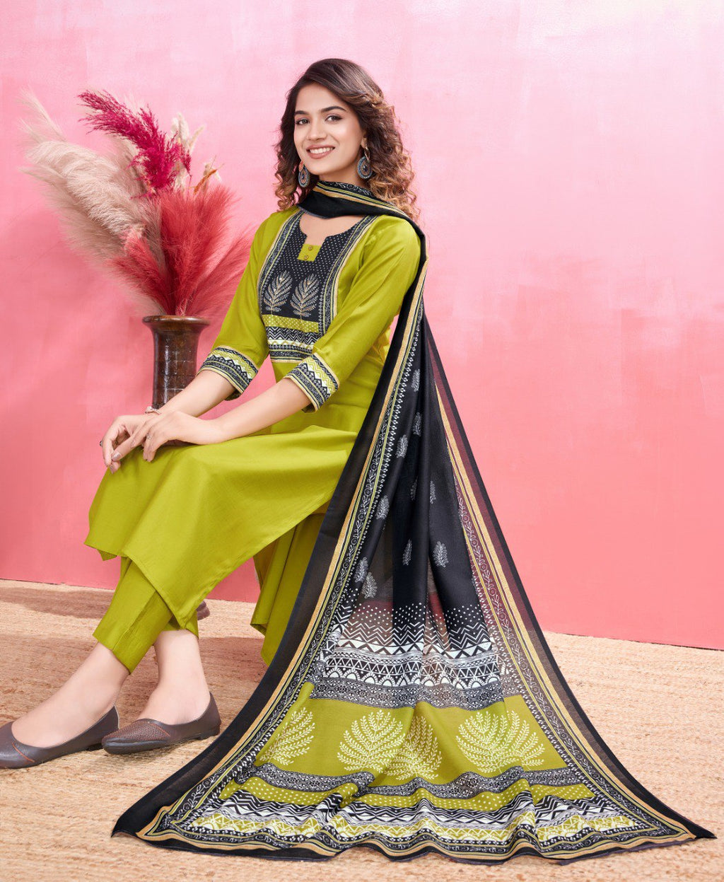 Prazu Fashion Parrot Green Viscose Silk Printed Kurta Set | Grocsy