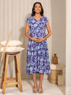 Janasya Blue Georgette Printed Casual Maternity Dress | Grocsy