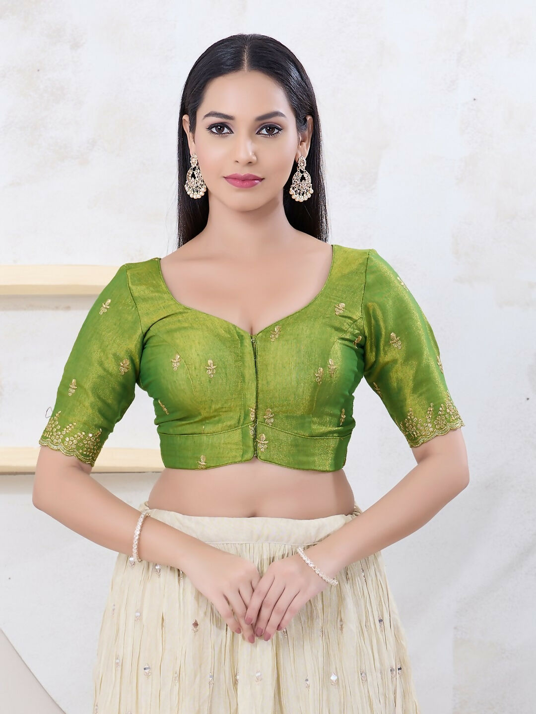 Joban Fashion Green Shimmer Elbow Sleeveless Front Open Blouse | Grocsy