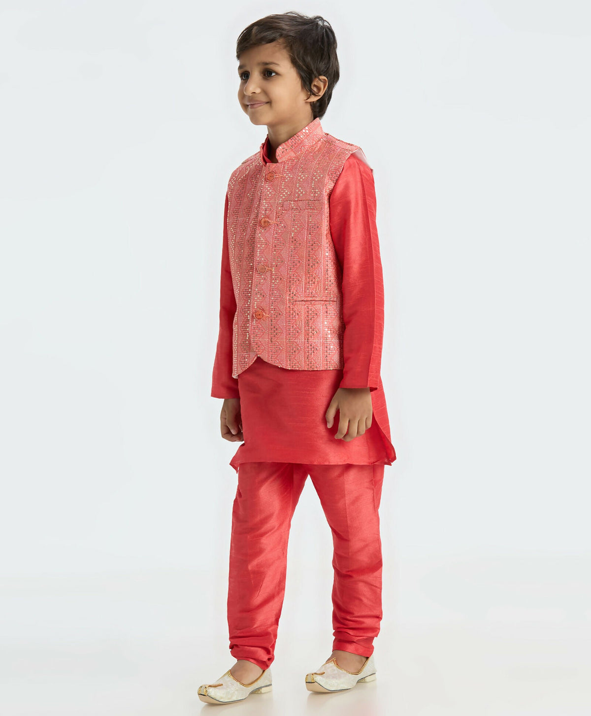Joban Fashion Kids Island Sequence work Nehru Jacket Full Sleeves Kurta, Pajama Set - Tomato Red | Grocsy
