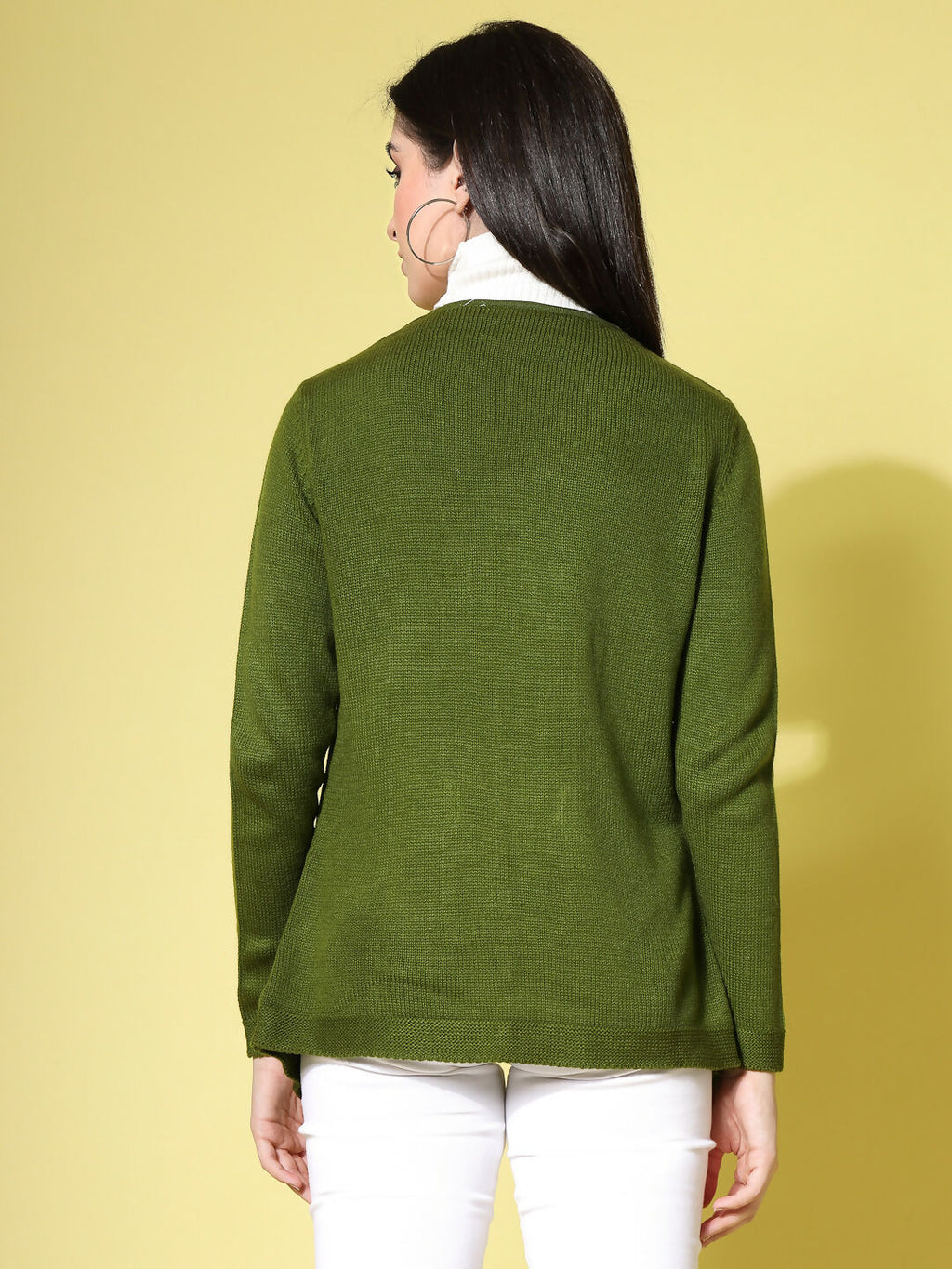 Women Olive Acrylic Solid Cardigan - Wool Trees | Grocsy