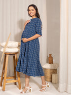 Janasya Blue Cotton Woven Design Casual Maternity Dress | Grocsy