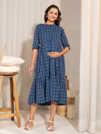 Janasya Blue Cotton Woven Design Casual Maternity Dress | Grocsy