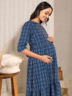 Janasya Blue Cotton Woven Design Casual Maternity Dress | Grocsy