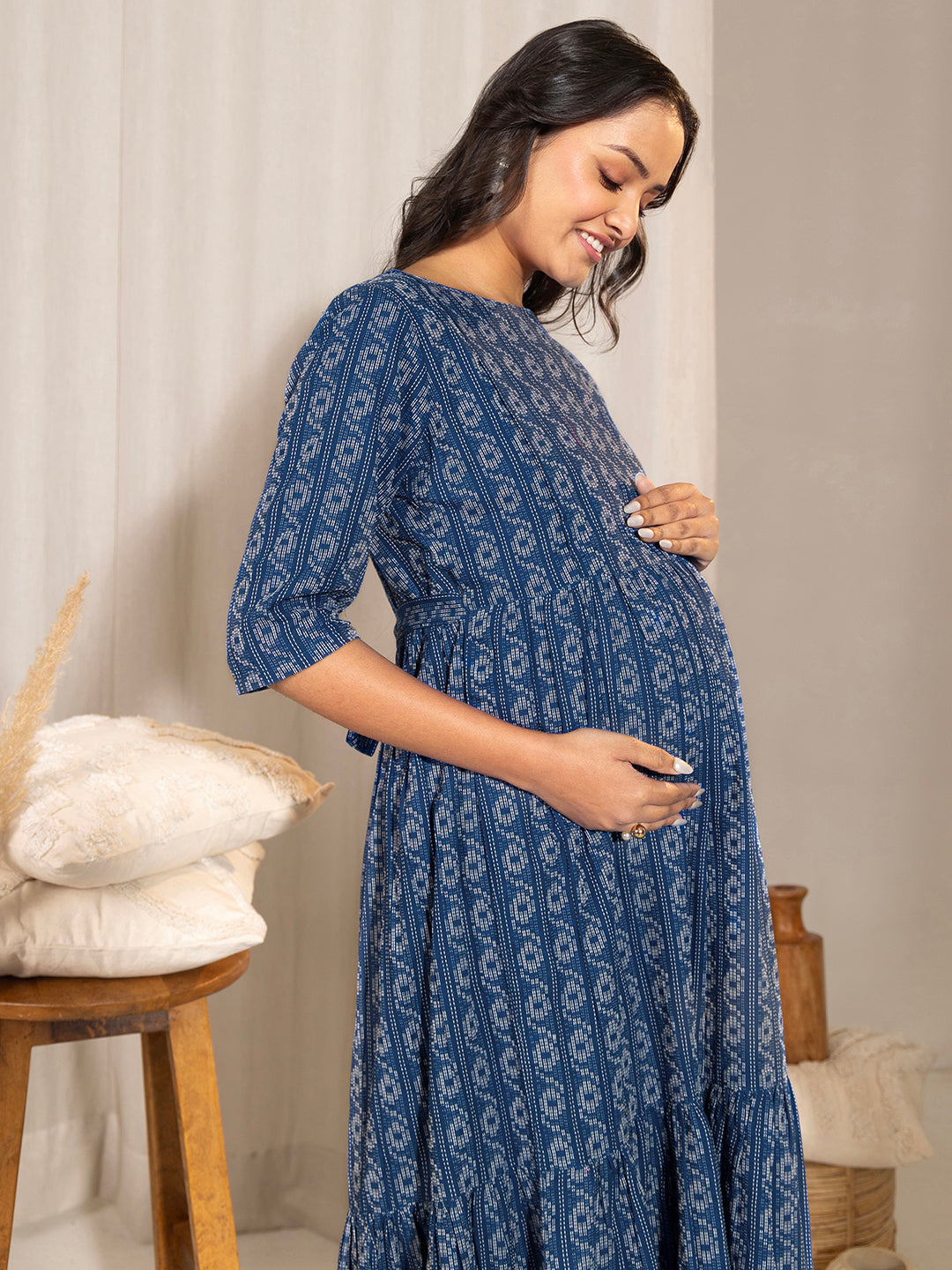 Janasya Blue Cotton Woven Design Casual Maternity Dress | Grocsy
