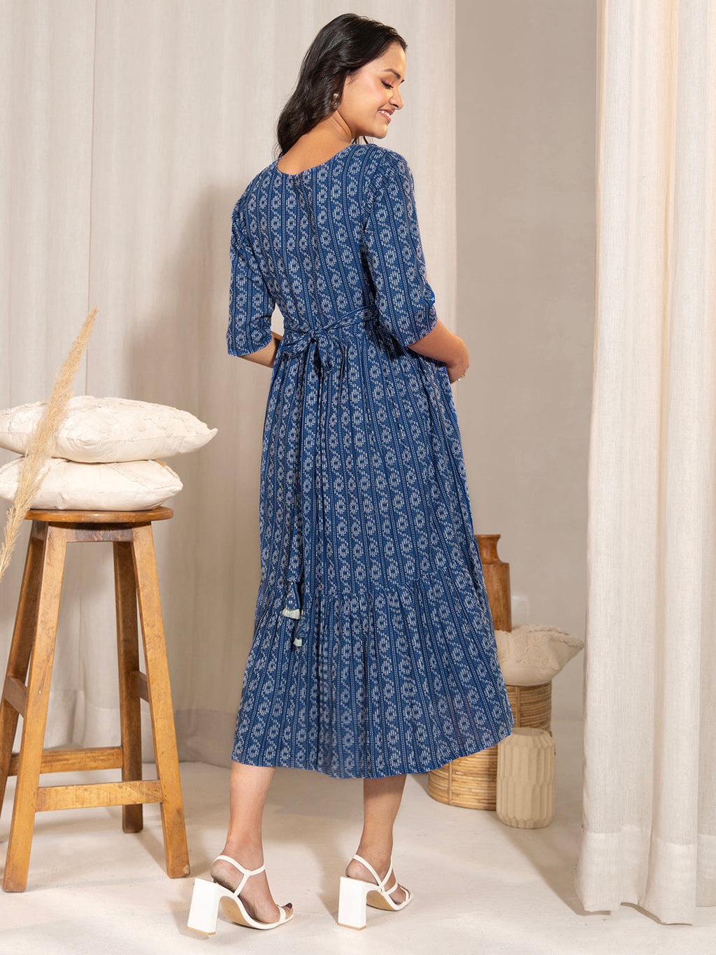 Janasya Blue Cotton Woven Design Casual Maternity Dress | Grocsy