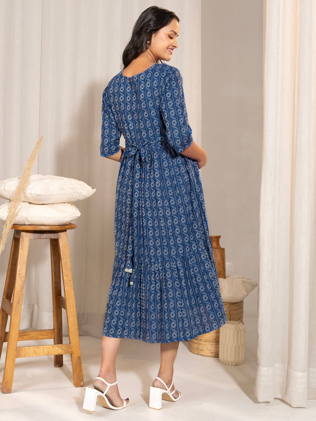 Janasya Blue Cotton Woven Design Casual Maternity Dress | Grocsy