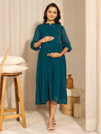 Janasya Teal Dobby Georgette Self Design Casual Maternity Kurta | Grocsy
