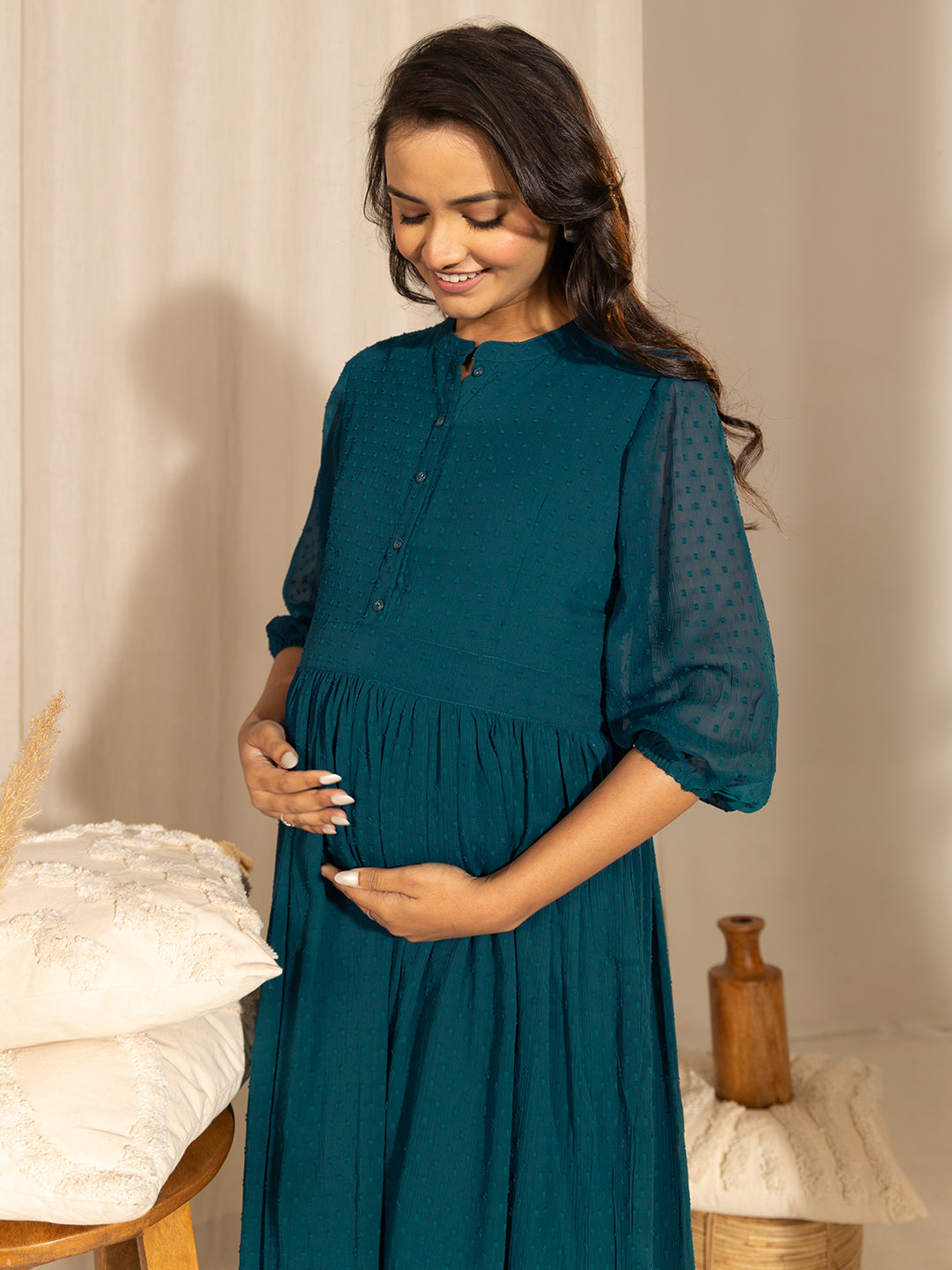 Janasya Teal Dobby Georgette Self Design Casual Maternity Kurta | Grocsy