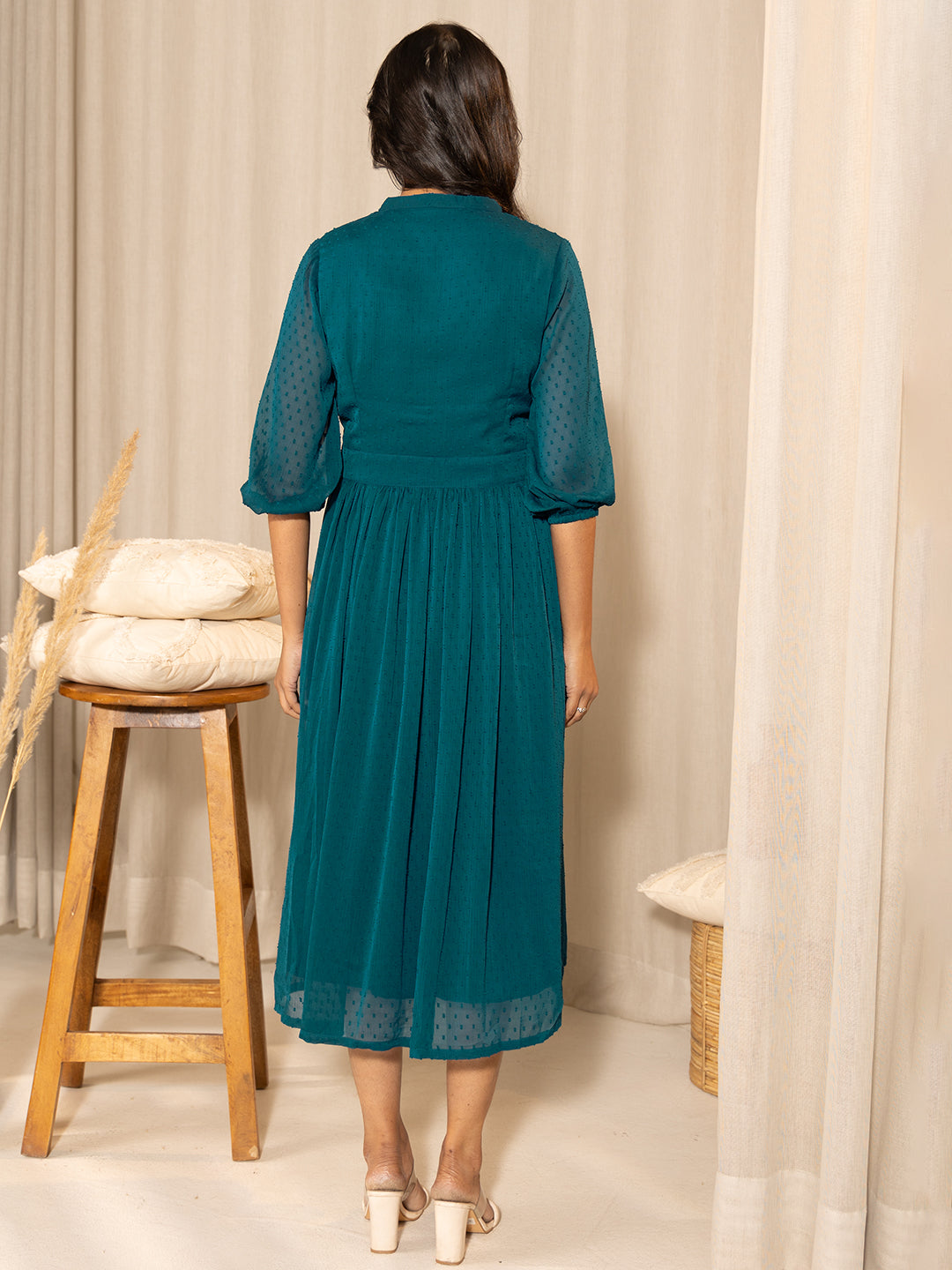 Janasya Teal Dobby Georgette Self Design Casual Maternity Kurta | Grocsy