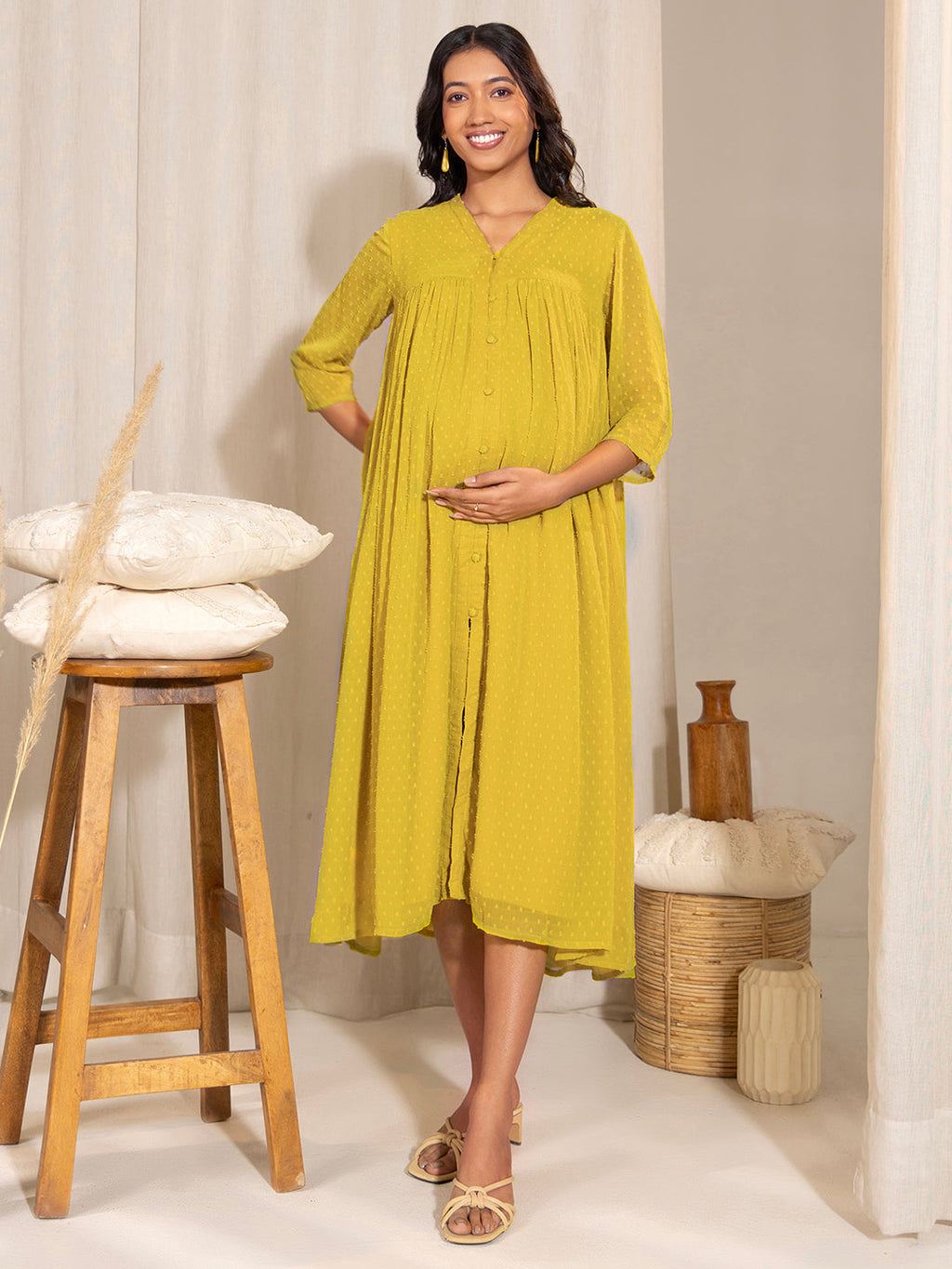 Janasya Yellow Dobby Georgette Self Design Casual Maternity Kurta | Grocsy
