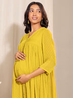 Janasya Yellow Dobby Georgette Self Design Casual Maternity Kurta | Grocsy