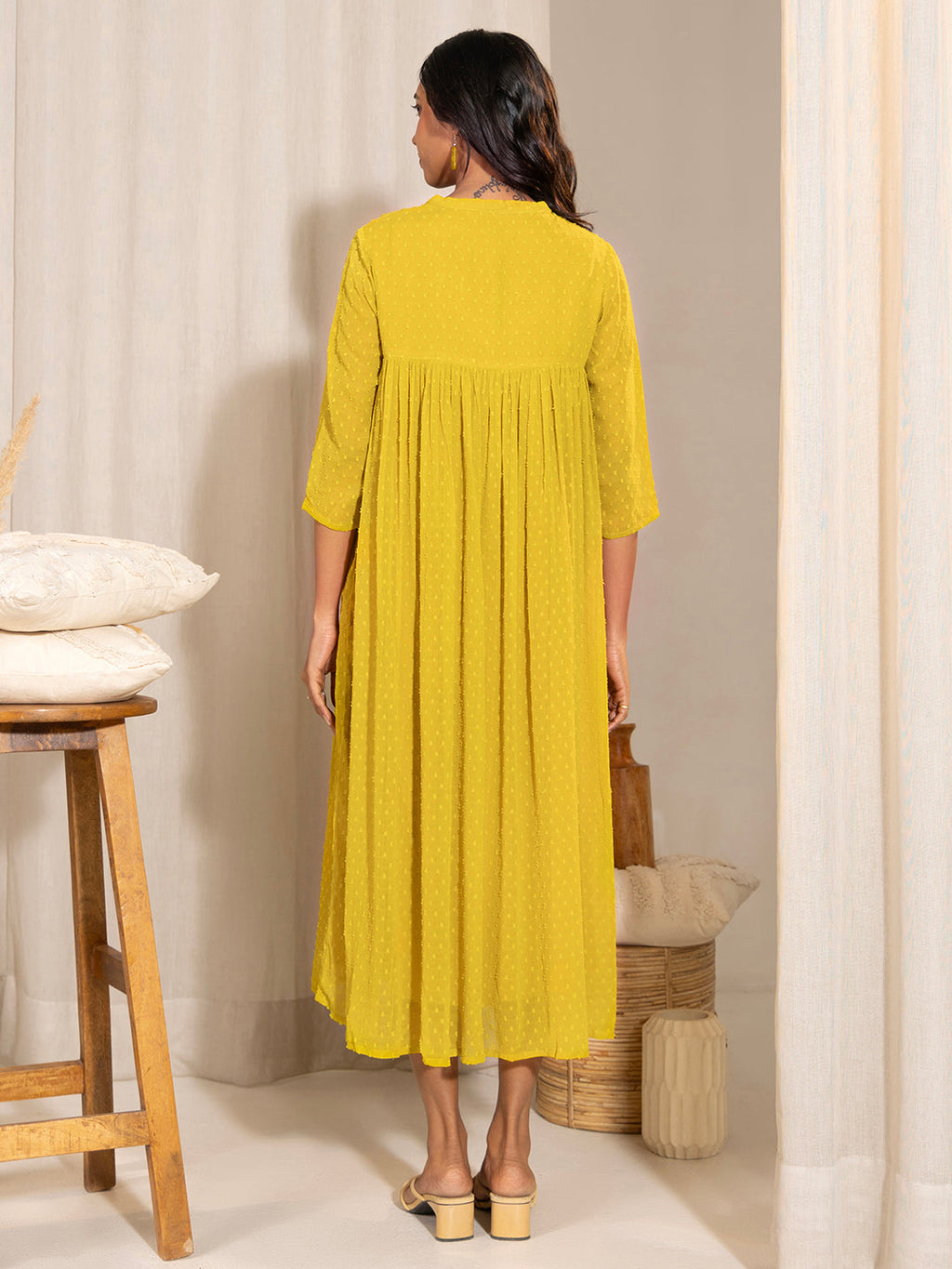 Janasya Yellow Dobby Georgette Self Design Casual Maternity Kurta | Grocsy