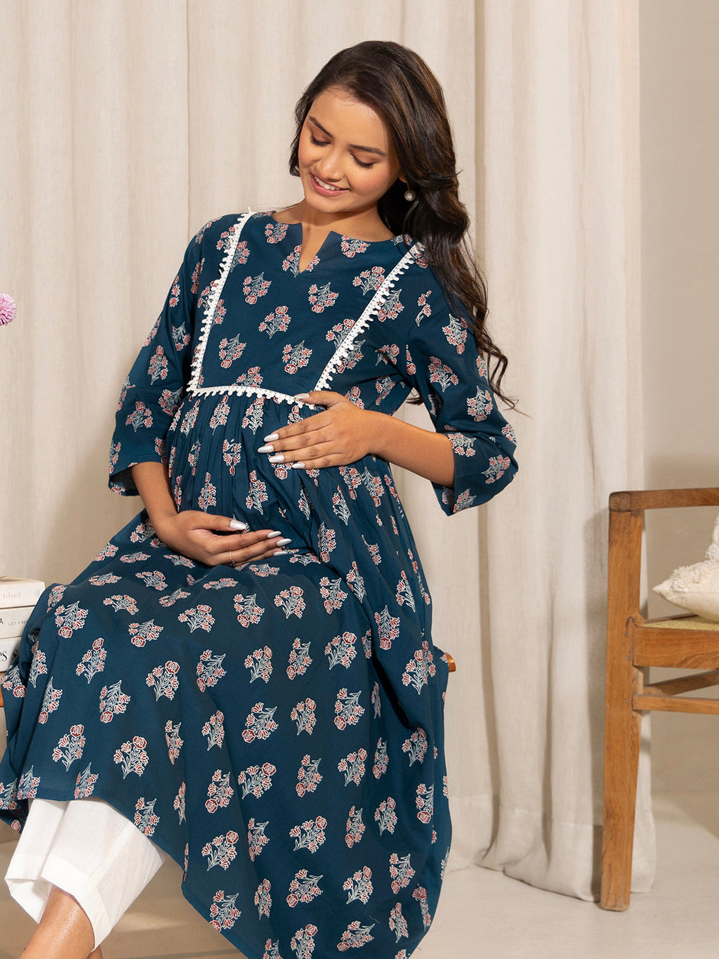 Janasya Teal Cotton Floral Fit & Flare Kurta | Grocsy